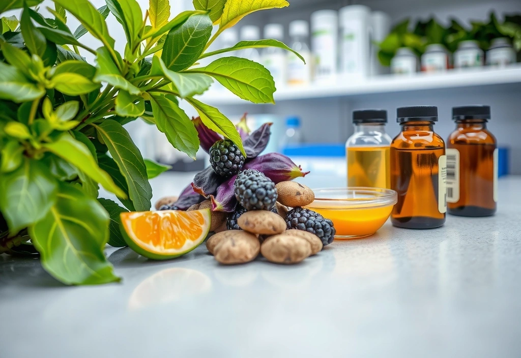 Close-up of vibrant, fresh herbs and botanical extracts in a laboratory setting, symbolizing quality sourcing and scientific backing.