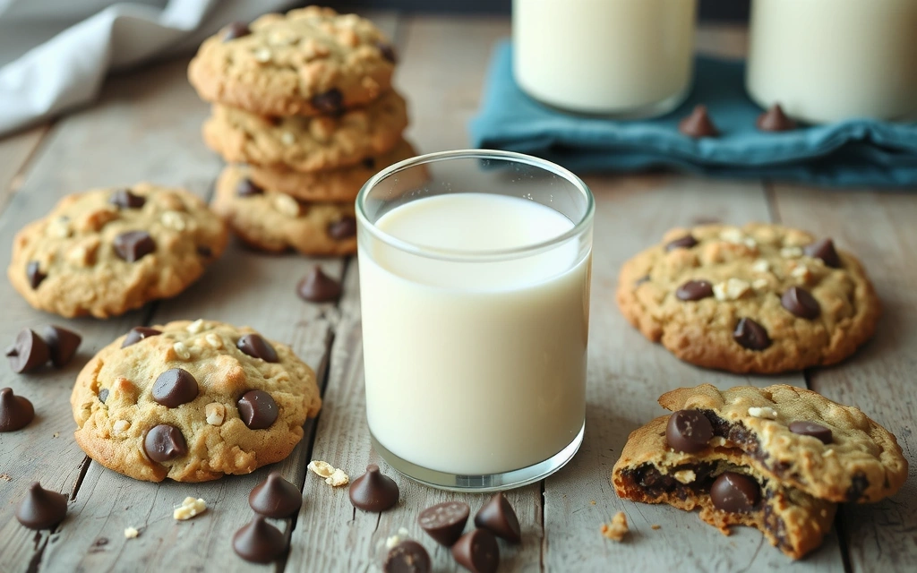 A variety of delicious and healthy cookies on a wooden table, with some crumbs and a glass of milk, illustrating a cookie policy.