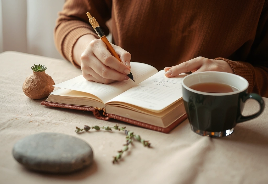 Person writing in a journal with natural elements around