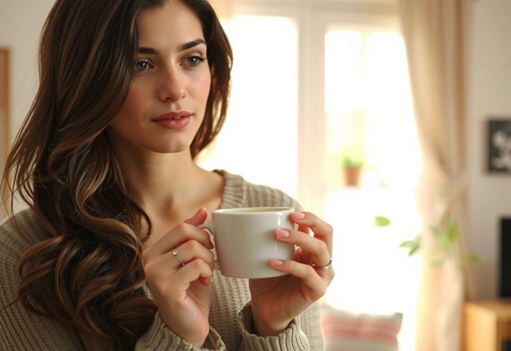 Woman enjoying a cup of herbal tea in a cozy setting