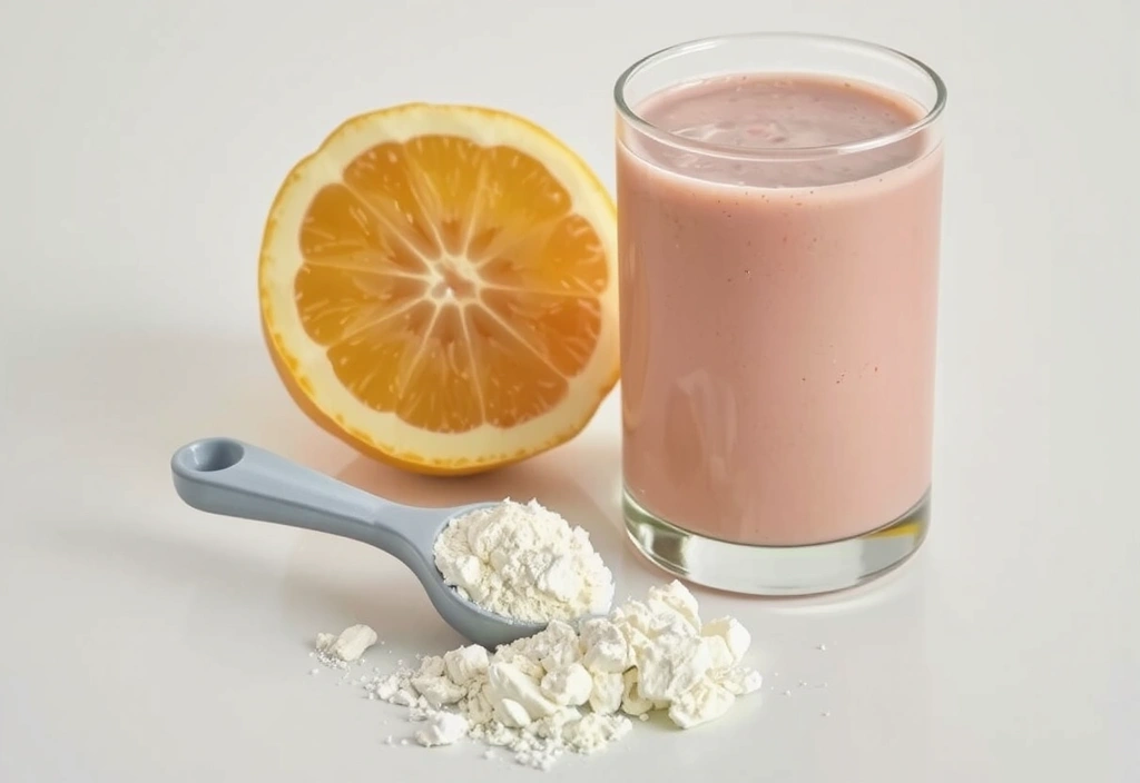 A close-up of a collagen powder scoop next to a glass of water or smoothie, with a subtle glow or health-related symbolism