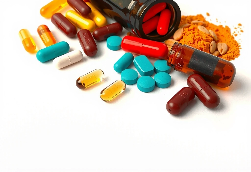 Assortment of colorful vitamins and supplements in various forms like capsules, tablets, and powders, displayed neatly on a clean surface