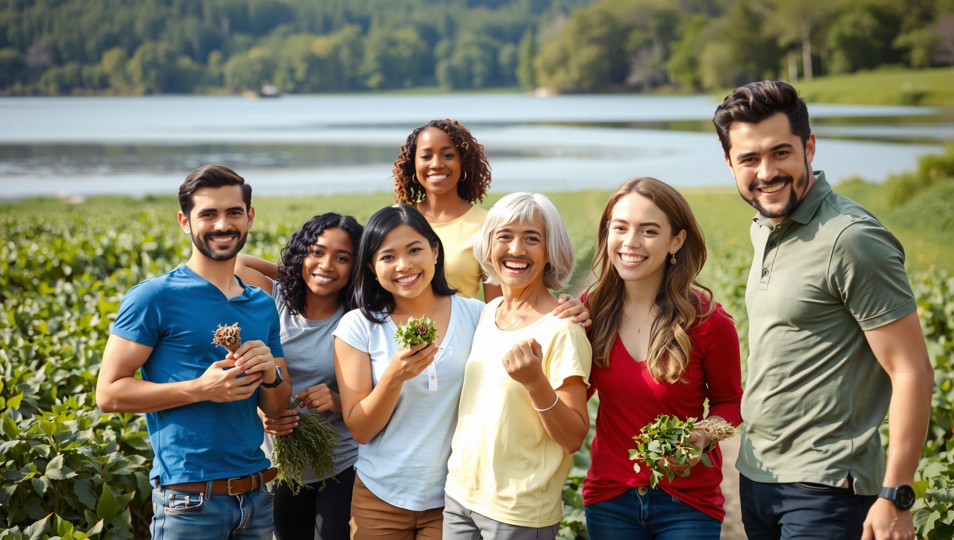 Vibrant natural ingredients and healthy, smiling people enjoying the outdoors, symbolizing purity and youthfulness